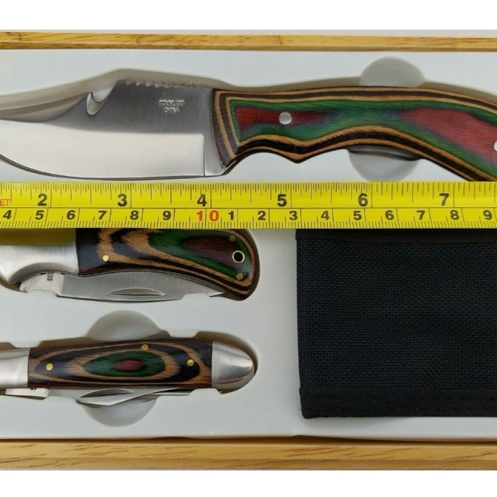 3 Piece Knife Set with Wood Box Stainless Steel Blades Pakkawood Handles NIB - Picture 5 of 7